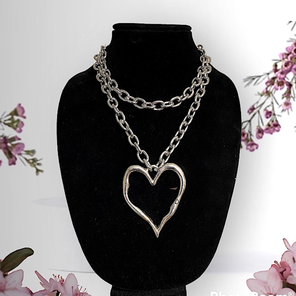 Handmade Sterling Silver Oversized Heart Exaggerated Chain Link Choker Necklace
